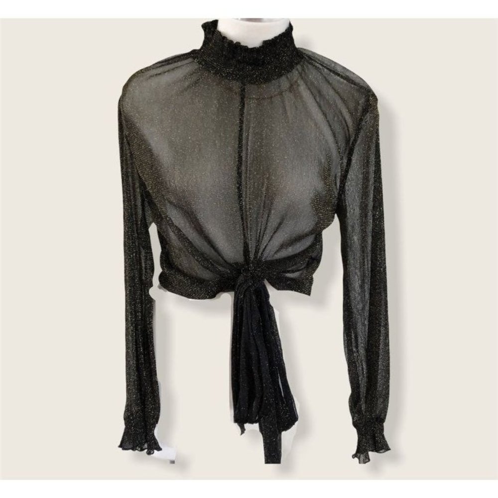Black Gold Mesh Long Sleeve Tied Blouse